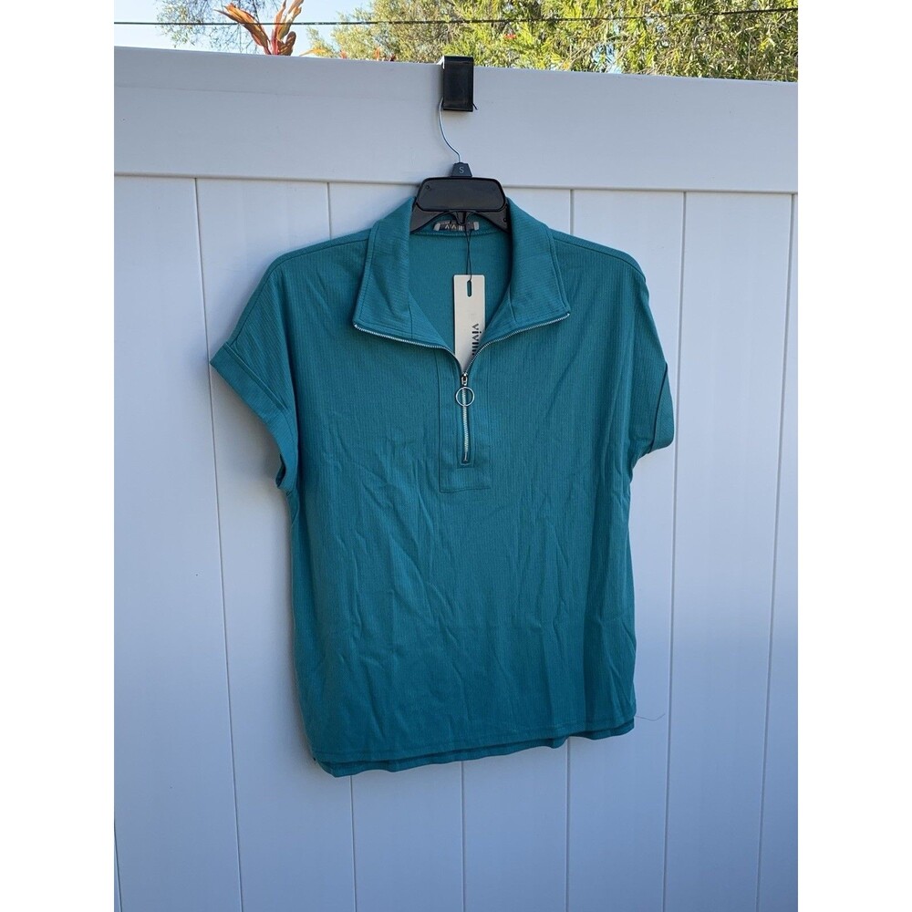 Vivilli Women's Zip Collar V Neck Short Sleeve Top Blue Sz Large NWT